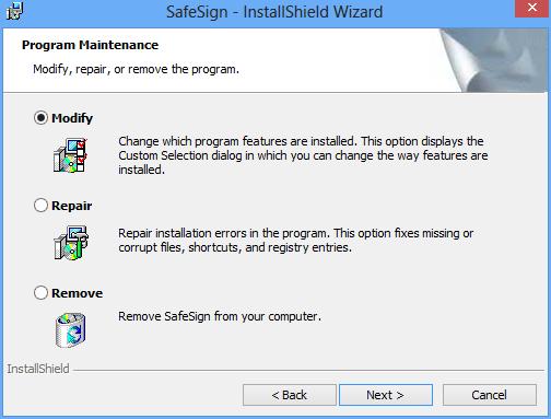 2.4 Program Maintenance 2.4.1 Modify Installation With the SafeSign Identity Client Installer it is possible to modify an existing installation.