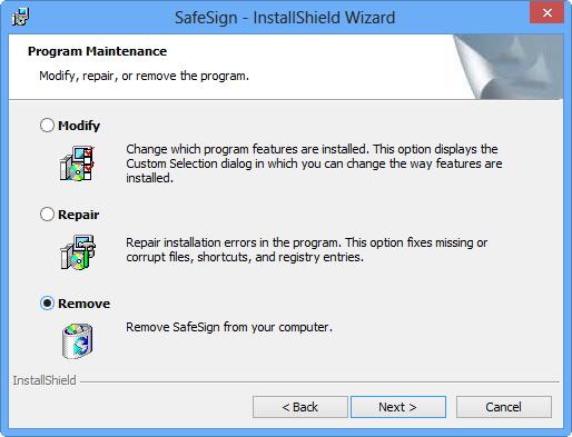2.4.3 Remove Installation With the SafeSign Identity Client Installer it is possible to remove an existing installation.