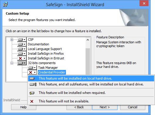 Credential provider 1 Manage System interaction with cryptographic token Install this feature if you want to install the SafeSign Credential Provider.