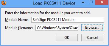 When the Device Manager window has opened, click on Load and fill in the required fields as follows: Figure 58: Firefox Device Manager: Load PKCS#11 Device You do not need to enter the