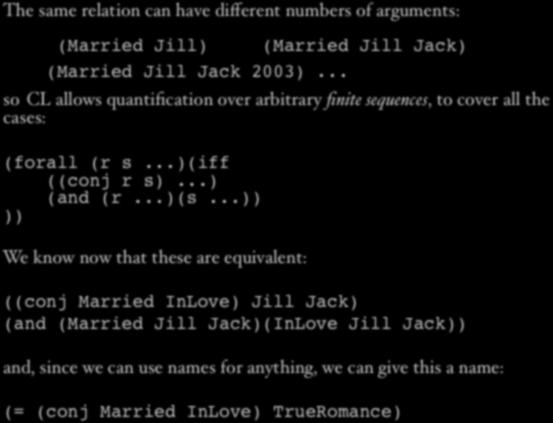 The same relation can have different numbers of arguments: (Married Jill) (Married Jill Jack 2003).