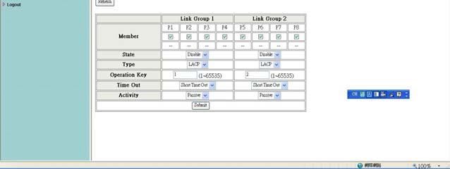 Trunking: Link Aggregation Settings There are two groups to choose and max. for each group is 4 ports. Click Submit to confirm and finish the setting.