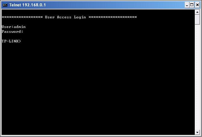 4. Type telnet 192.168.0.1 in the command prompt shown as Figure 1-3, and press the Enter button. Figure 1-3 Connecting to the Switch 5.