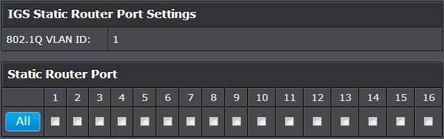 multicast storm settings for each switch port. Check the static router ports to add and click Apply to save the settings. Note: You can click on All to add all ports.