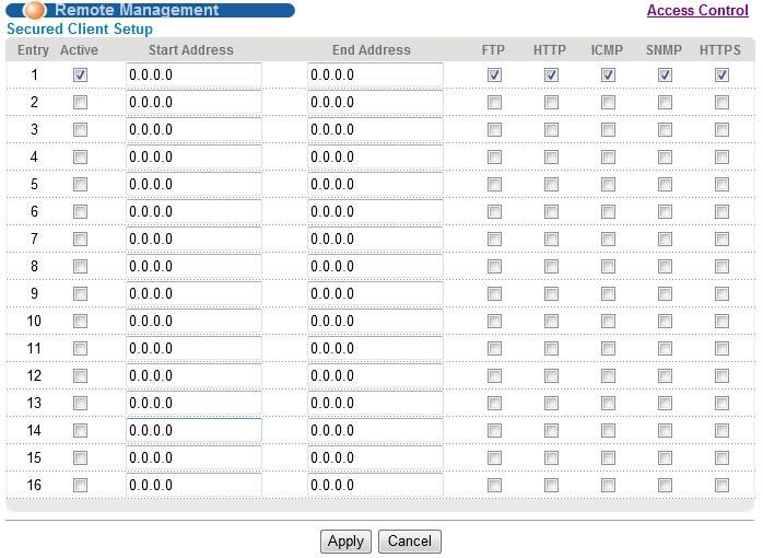 Chapter 38 Access Control Figure 233 Management > Access Control > Remote Management The following table describes the labels in this screen.