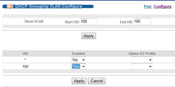 Figure 33 Tutorial: Set the DHCP Server Port to Trusted 7 Go to Advanced Application > IP Source Guard > DHCP snooping > Configure > VLAN, show VLAN 100 by entering 100 in the Start VID and End VID