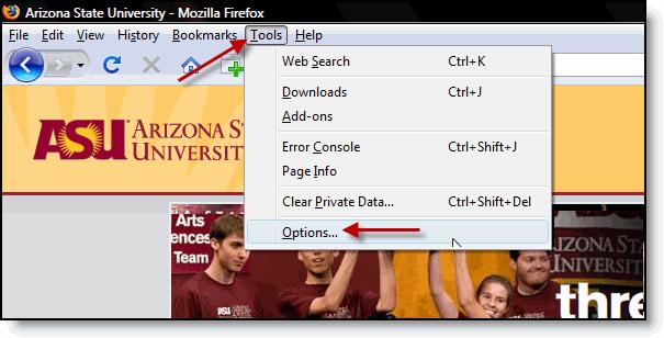 Mozilla Firefox Navigation Tools -> Options Note