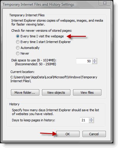 Verify that the option is selected to check for newer versions of stored