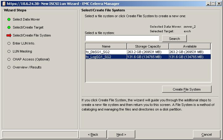 11. Select a file system (log file system), and click Next as shown in