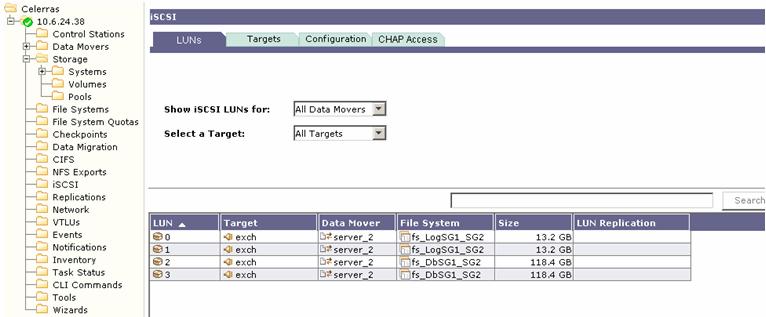 28. Go to Celerra Manager > iscsi, and observe that the four new iscsi LUNs are listed as shown in Figure 45.