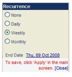 Duration: Specifies the length of the conference. Recurrence: Conference organizers can specify a conference to recur in cycles by selecting the pull-down menu and selecting the desired option (i.e., daily, weekly, monthly) to specify the end date, click on the End Date and select the desired date from the calendar.