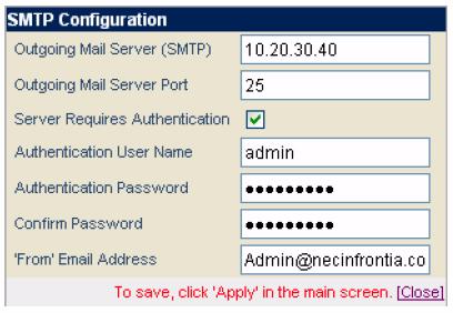 UX5000 Issue 1.0 6.1.2 EMail Settings This option allows the administrator to set EMail parameters. 6.1.2.1 STMP Configuration The SMTP Configuration window, accessed from the System Settings window, allows the administrator to configure the EMail server.