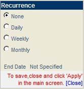 Duration: Specifies the length of the conference. Recurrence: Conference organizers can specify a conference to recur in cycles by selecting the pull-down menu and selecting the desired option (i.e., daily, weekly, monthly) to specify the end date, click on the End Date and select the desired date from the calendar.