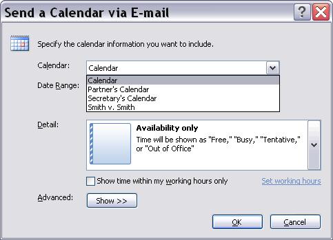 Selecting Options for E-Mailing Your Calendar: Choose a calendar