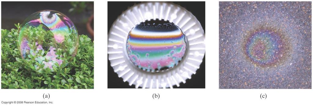 Interference in thin films Interference effects are commonly observed in thin films Examples include soap bubbles and oil on water The