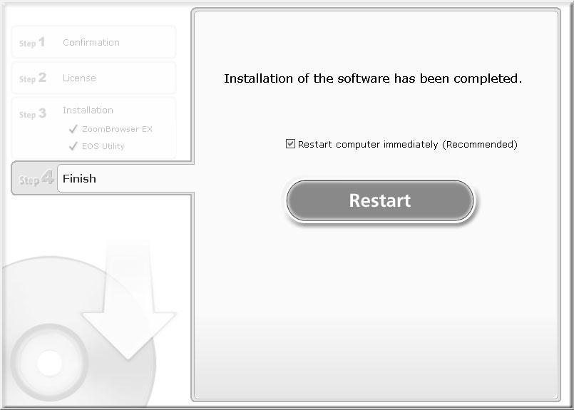 10 When the installation is complete, select [Restart computer immediately (Recommended)] and click [Restart]. When you do not need to restart the computer, the [Finish] screen will be displayed.