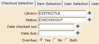 OVERDUE NOTICES Change Report Name to reflect your school library (XXX Overdue Notices) Under the Checkout Selection: Replace BIBSERVICE with your Library Leave the status = CHECKEDOUT Leave overdue