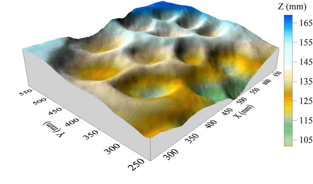 Fig. 5. 3-D puddle distribution of the small mold surface The DEM was used for delineation of puddles and computation of their MDS values.