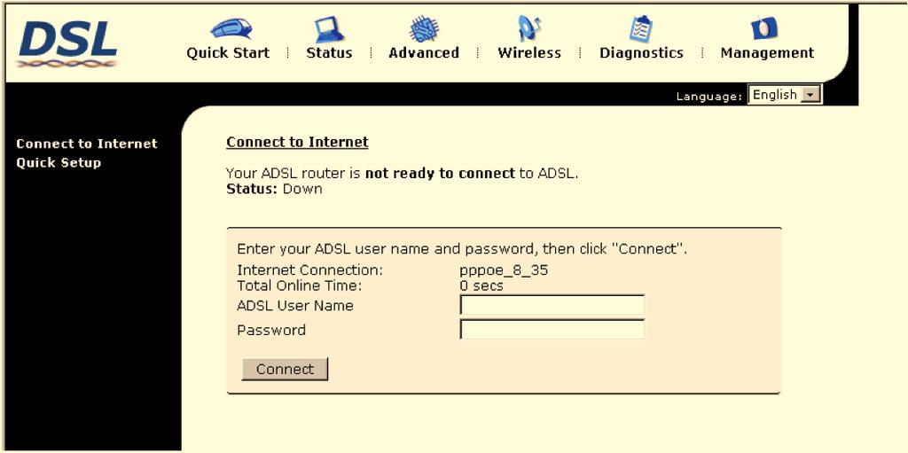 ADSL Router User Manual Outline of Web Manager For configure the web page, please use admin as the username and the password. The main screen will be shown as below.