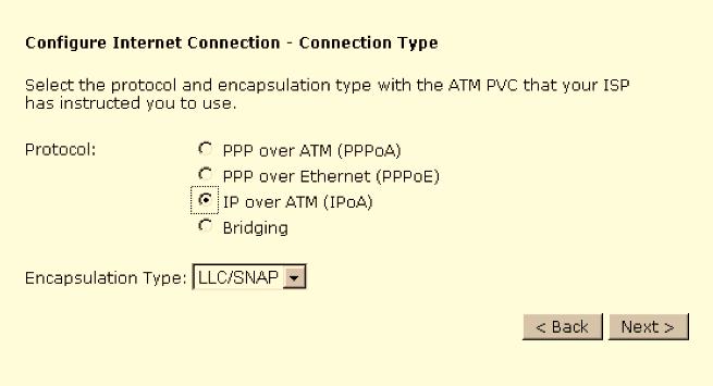 Chapter 4: Web Configuration IP over ATM If the type you choose is IP over ATM, please refer to the following information. IPoA is an alternative of LAN emulation.