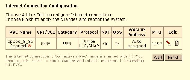 If you click the Connect line under the PVC Name item, the system will connect to WAN automatically. If the WAN connection is OK, you can check the detailed information directly.
