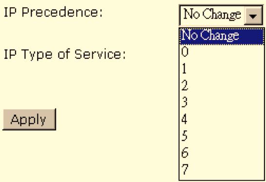 No change is the default setting. IP type of Service: The system provides some types of service for you to choose. The default one is No change.
