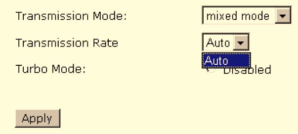 ADSL Router User Manual transmission mode that you set above. If you choose 802.11b only as the transmission mode, the transmission rate settings include 1, 2, 5.5, 11Mbit/s and auto.