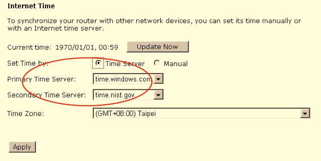Primary Time Server/ Secondary Time Server: Set the start time by typing the year, the month, the day, the hour, and the date to
