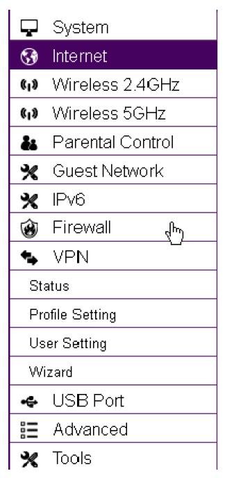 VPN View and edit settings for VPN tunnelling. Status View the status of current VPN tunnels. Profile Setting Manually configure VPN tunnels.