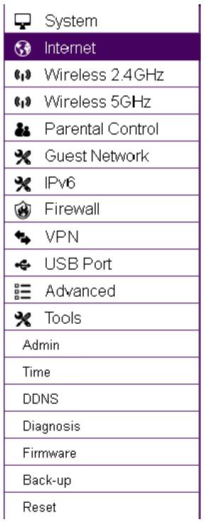 Tools For viewing and configuring the router s operating system and network tools settings. Admin For setting the administrator s password used to log into the router.