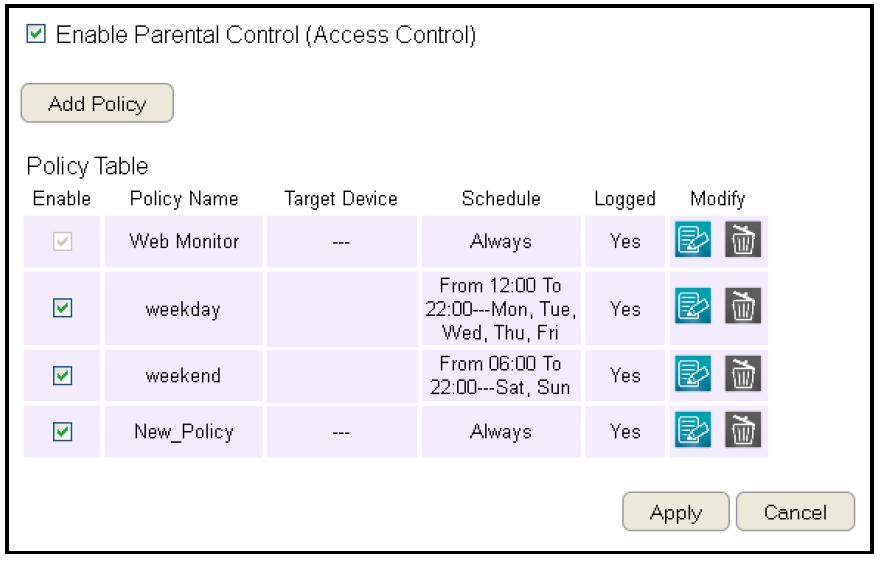 Viewing Parental Policies Available parental control policies are shown in a table and each policy can be enabled or disabled, edited, and deleted.