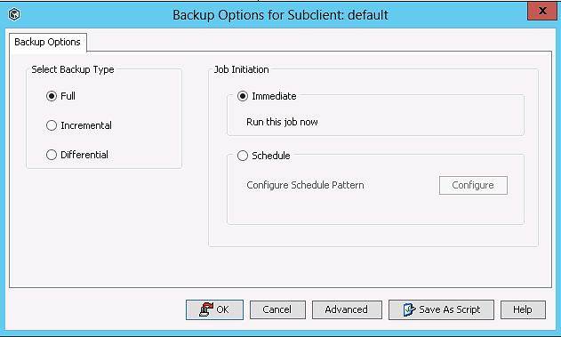 When creating a full backup from the CommCell Console you need to drill down to the subclient level of the instance that you want to backup.