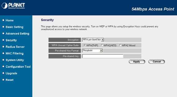 Parameter Encryption WPA Unicast Cipher Suite WPA (TKIP) WPA2 (AES) WPA2 Mixed Description Select WPA pre-shared key in this option.