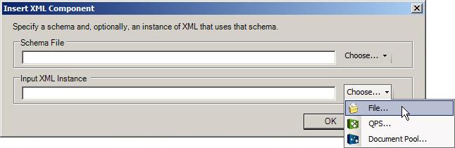 WORKING WITH TRANSFORMATIONS Insert XML Component dialog box Make sure that when Automation Services runs, it has access to the input you specify here.