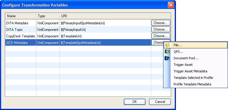 WORKING WITH AUTOMATION PROFILES Configure Transformation Variables dialog box This dialog box lists all of the variable inputs for the transformation.