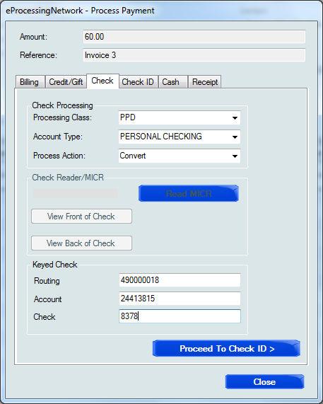 The Process Payment window will open to the Check Tab. Note: The customer s information has been pulled from QuickBooks and populated for you in the billing tab.
