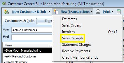 Create Sales Receipts by clicking the Create Sales Receipts Icon Or select the