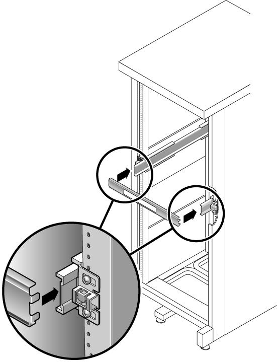 8. Use the slide rail spacing tool to adjust the distance between the slide rails: a. At the front of the rack, insert the left side of the tool into slots at the end of the left rail (FIGURE 2-17).