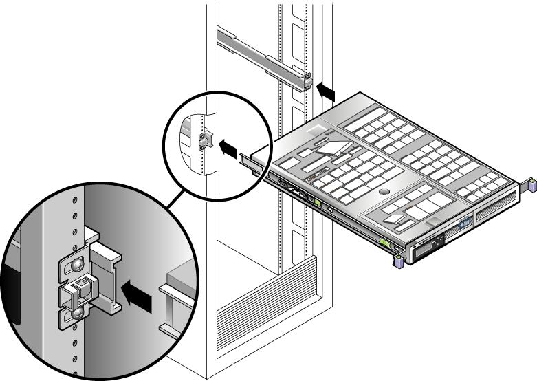 9. Deploy the anti-tilt bar, if the chassis or rack is so equipped. Caution The weight of the appliance on extended slide rails can be enough to overturn a cabinet. 10.