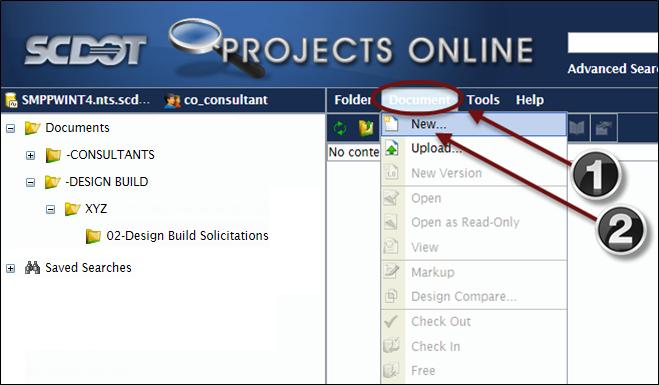(3). Uploading a Document a. With the 02 Design Build Solicitations folder selected, a document can be uploaded into the folder. 1.