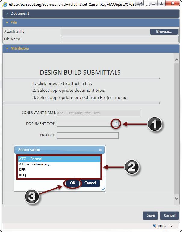 d. The DOCUMENT TYPE attribute will help SCDOT identify the type of document. 1. Under the Attributes tab, click on the DOCUMENT TYPE: button and the Select Value dialog box will appear. 2.
