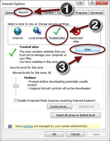 b. The Internet Options dialog box will appear on the screen. 1. Select the Security tab from the Internet Options dialog box. 2.