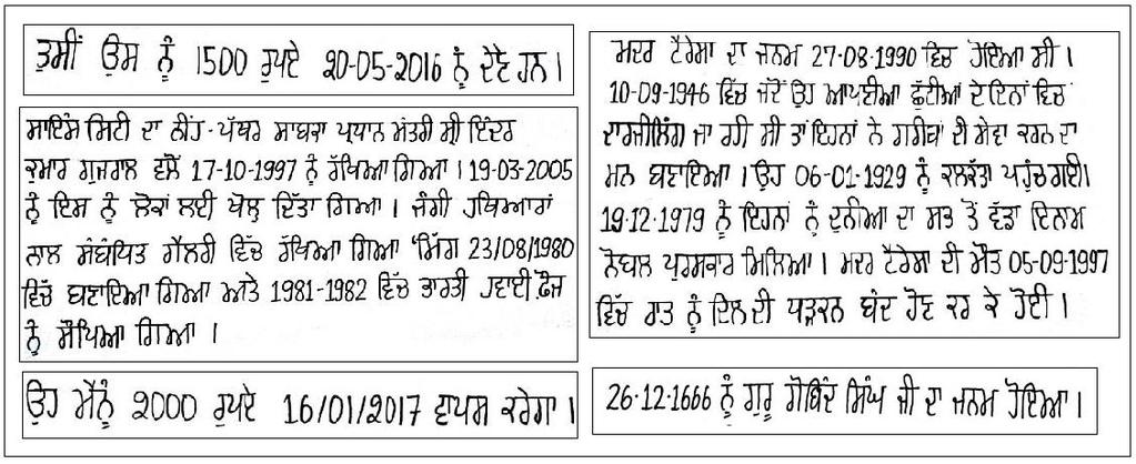 Date Field Extraction from Gurmukhi Handwritten Documents 1599 Figure 2. Sample documents In this work, we have collected 100 samples of numeric data which is written on A4 size white paper.