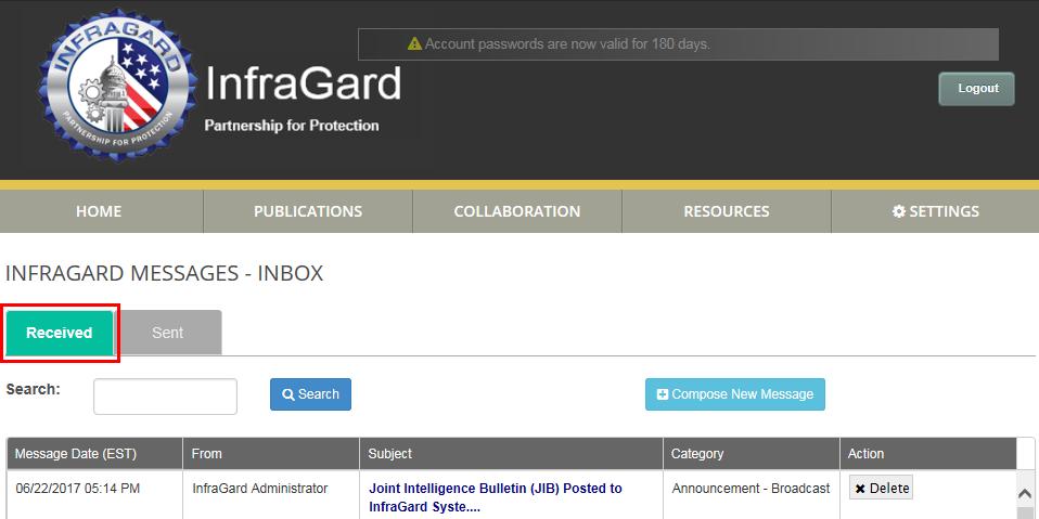 Receive Private Messages 1. Click Inbox from the InfraGard Dashboard. 2.