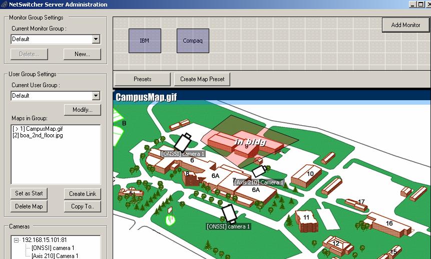 NetSwitcher Administration GUI The eample shows: 1. Two maps added with links created between the two 2. Two cameras added to map, one added in two locations 3.