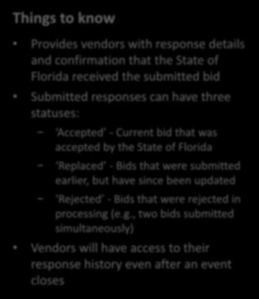 Response History Things to know Provides vendors with response details and confirmation that the State of Florida received the submitted bid Submitted responses can have three statuses: Accepted -