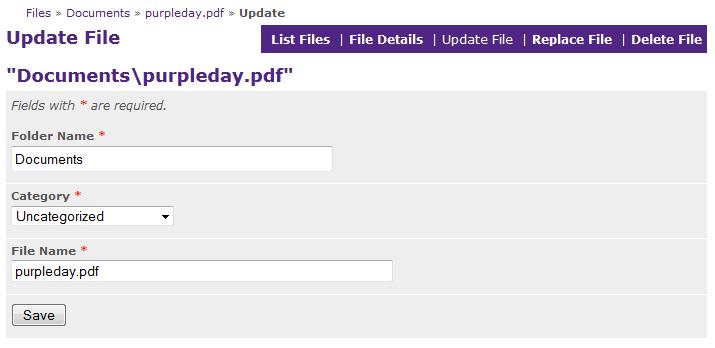 Update File allows you to update the folder, category, and file name of the file.