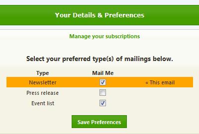 Connect Mail shot recipients can then edit their preferences as they wish: This information is