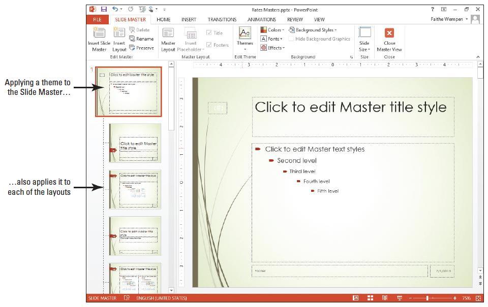 Step by Step: Apply a Theme to a Slide Master 4. Click the first slide in the left pane, which is the slide master for the current theme.