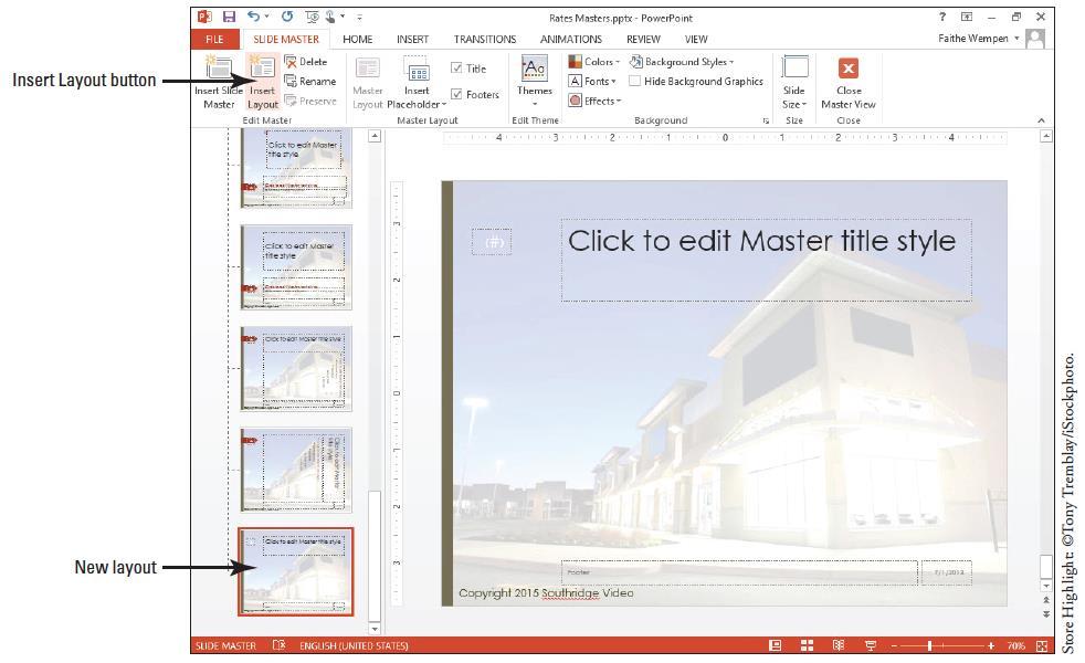 Step by Step: Create a New Layout USE the Rates Masters presentation that is still open in Slide Master view from the previous exercise. 1. Click the Slide Master at the top of the left pane. 2.